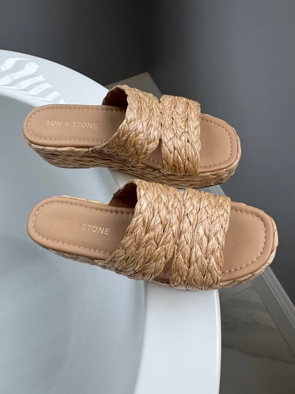 Sun + Stone Tan Braided Platform Slide Sandals - Picture 1 of 3